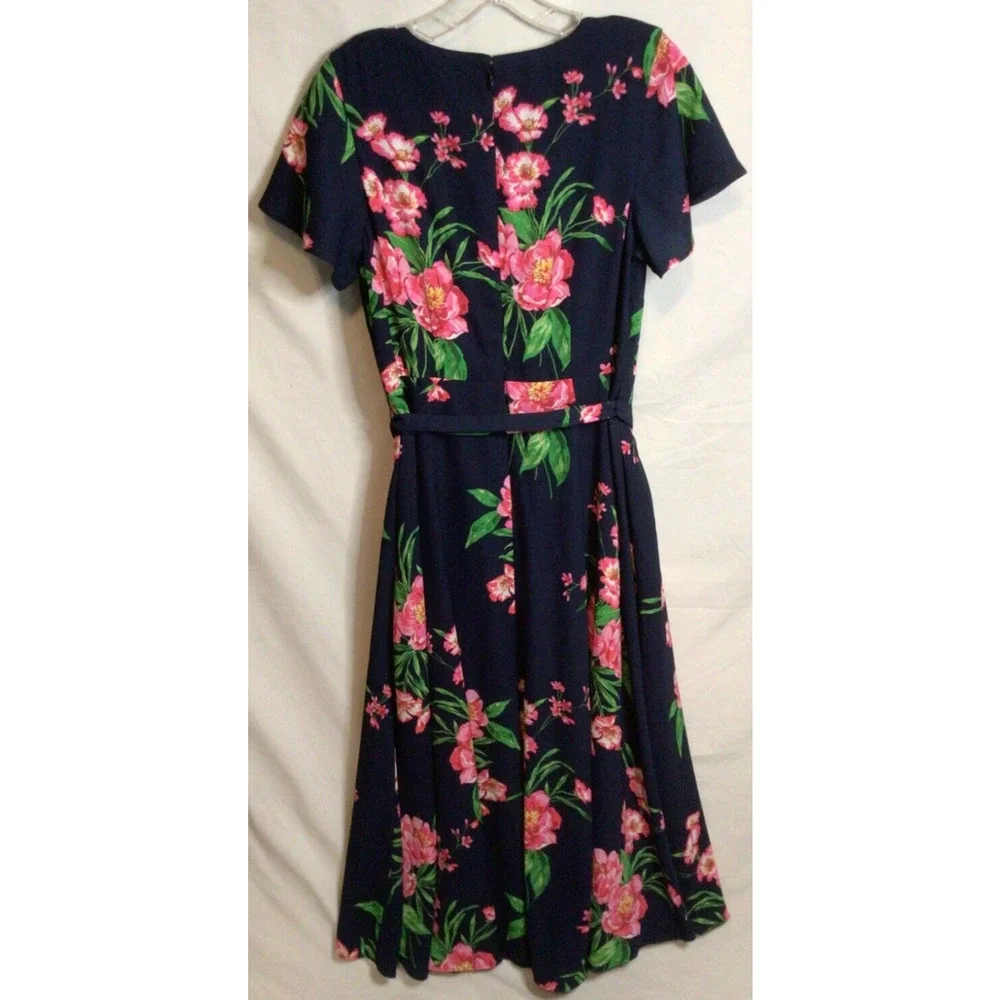 New TALBOTS Size 4 Dress Navy Blue Floral Print Tie Waist A Line V Neck Buttons - Picture 2 of 5
